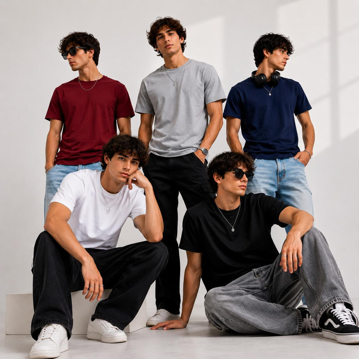 Budget-Friendly 5-Piece Basic Half-Sleeve Round Neck T-Shirt Set for Men