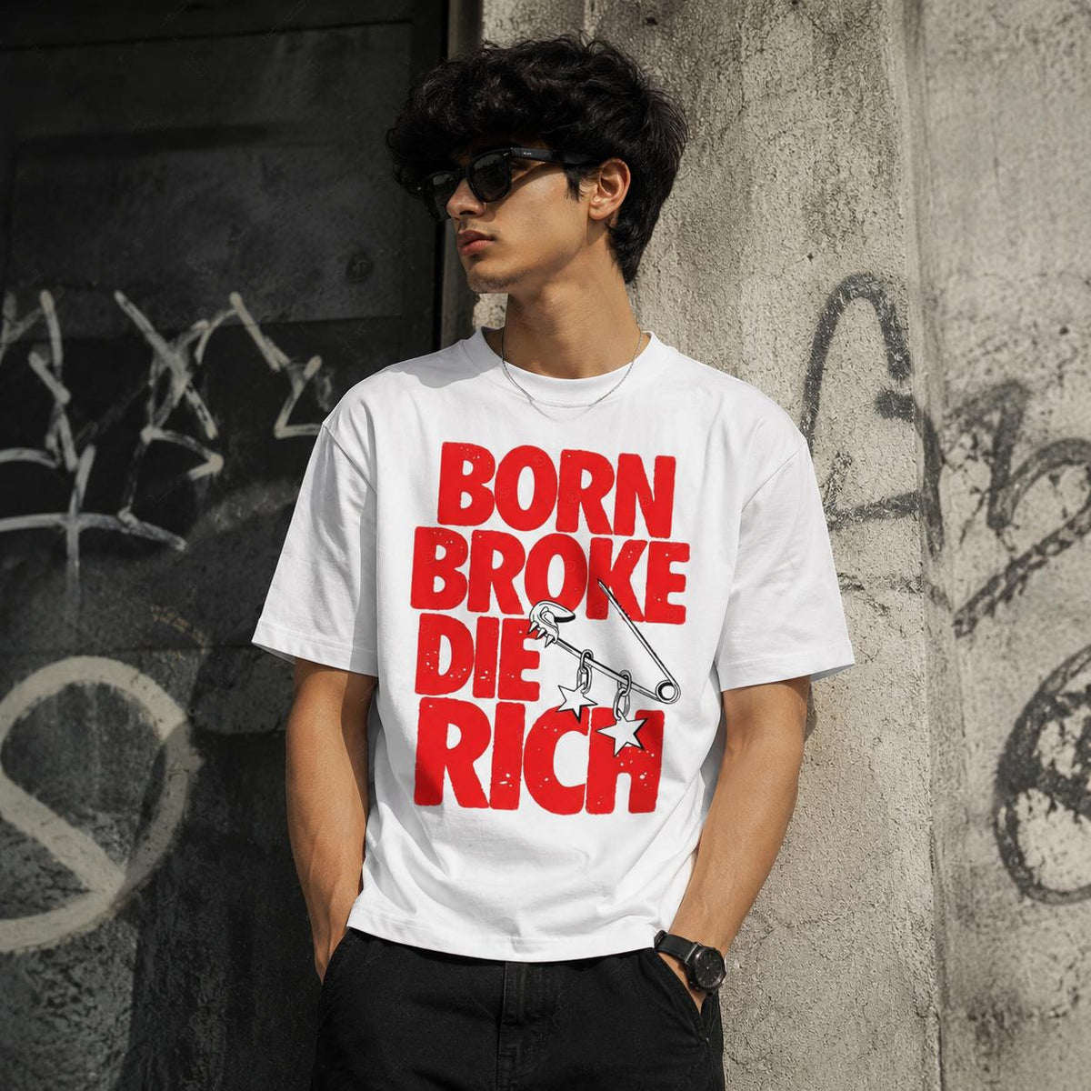 White Graphic Tee Combo – Goku × Born Broke Die Rich