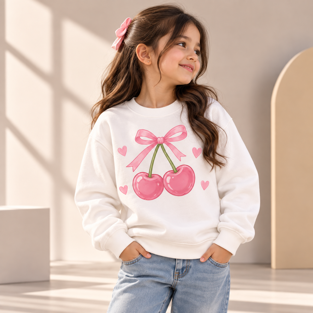 Girls’ Pink Cherry Bow Sweatshirt – White