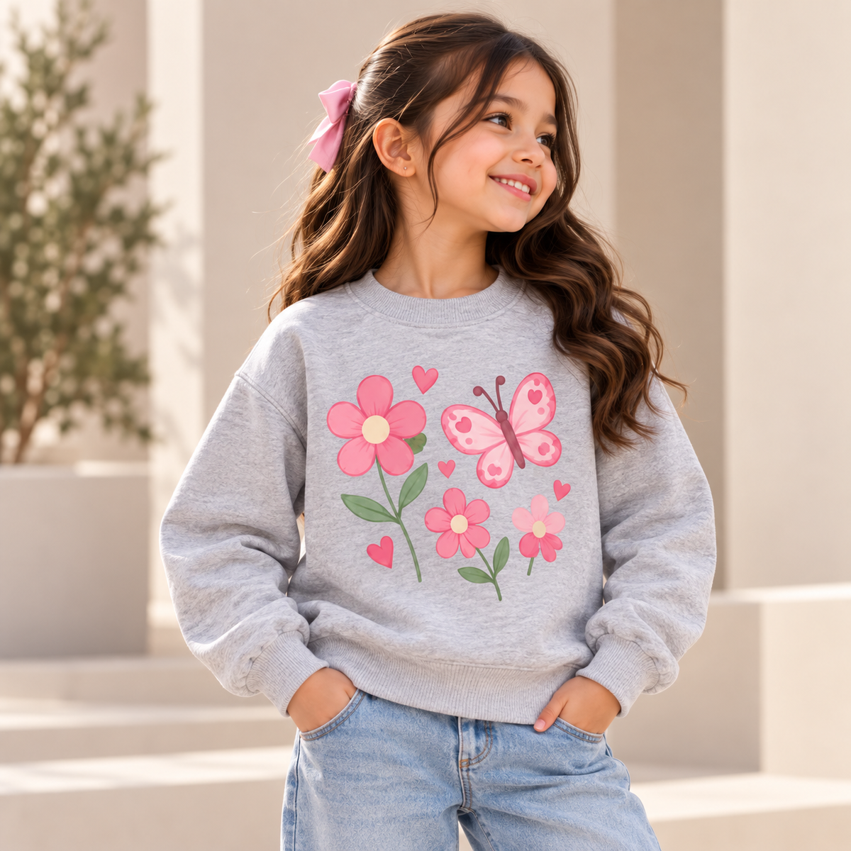 Girls’ Butterfly Garden Heather Grey Sweatshirt