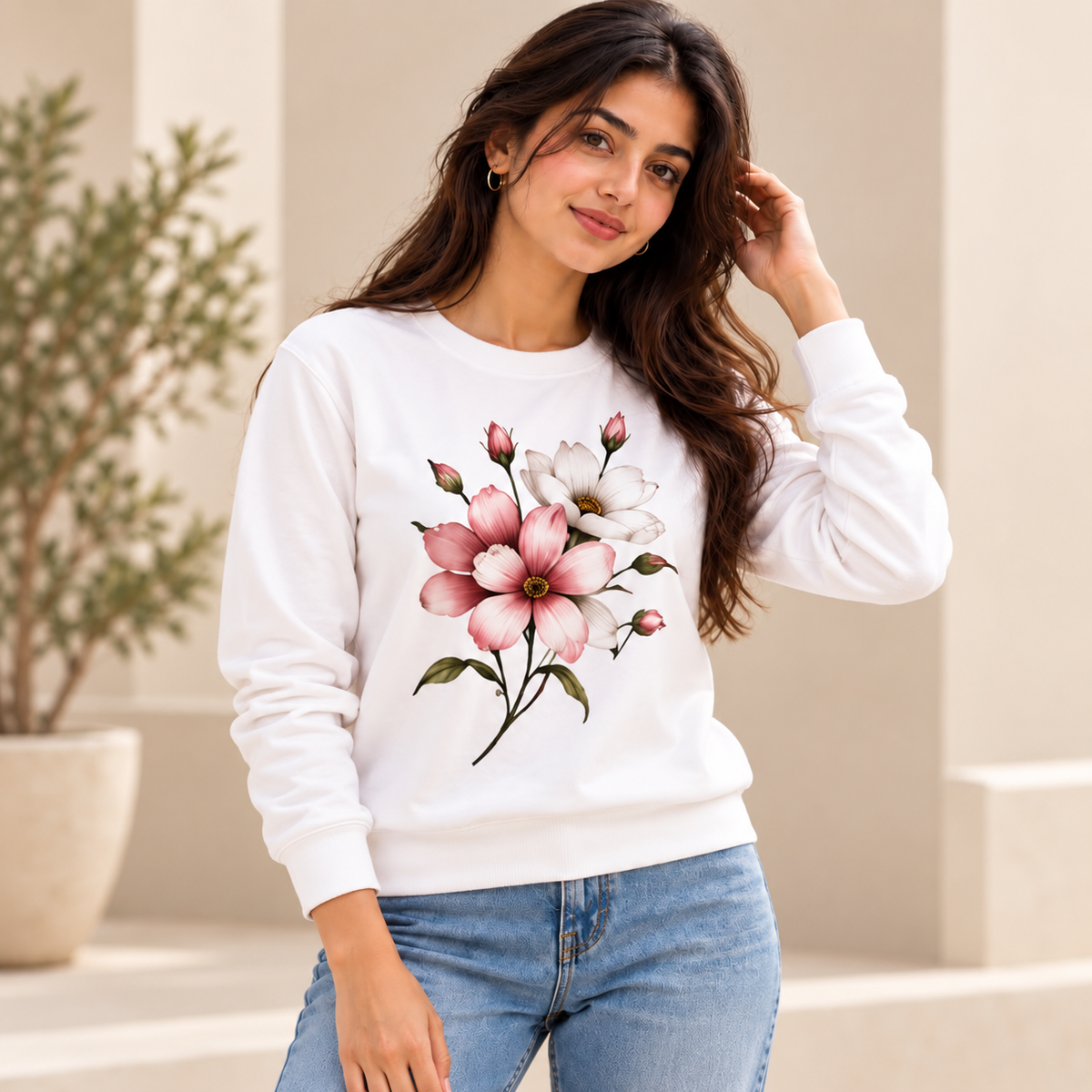 Women’s Floral Bloom White Sweatshirt