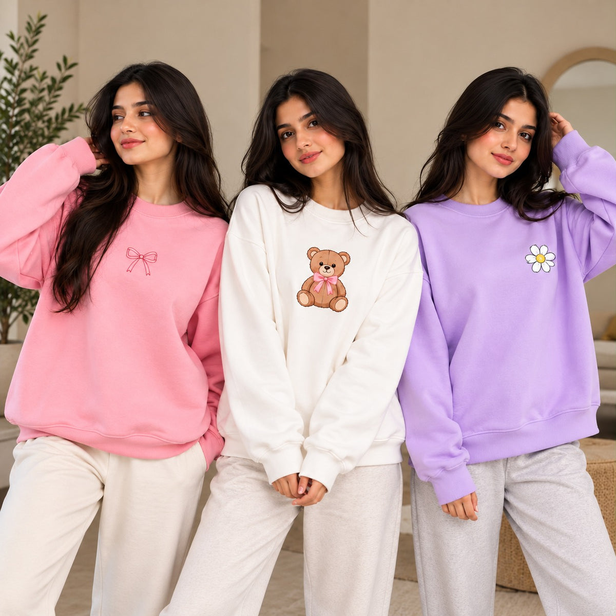 Women's Winter Sweatshirts – Pack of 3 (Baby Pink, White & Lavender)