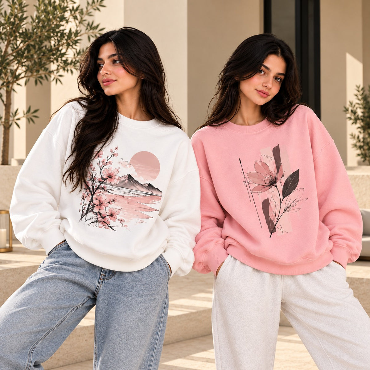 Women's Winter Sweatshirts – Pack of 2 (White & Baby Pink Floral)
